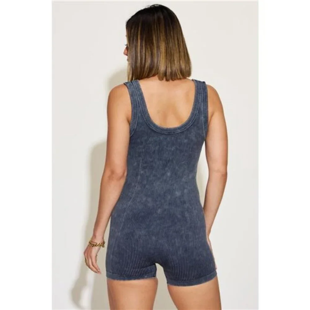 Zenana Ribbed Washed Round Neck Sleeveless Romper‎ - Picture 2 of 7